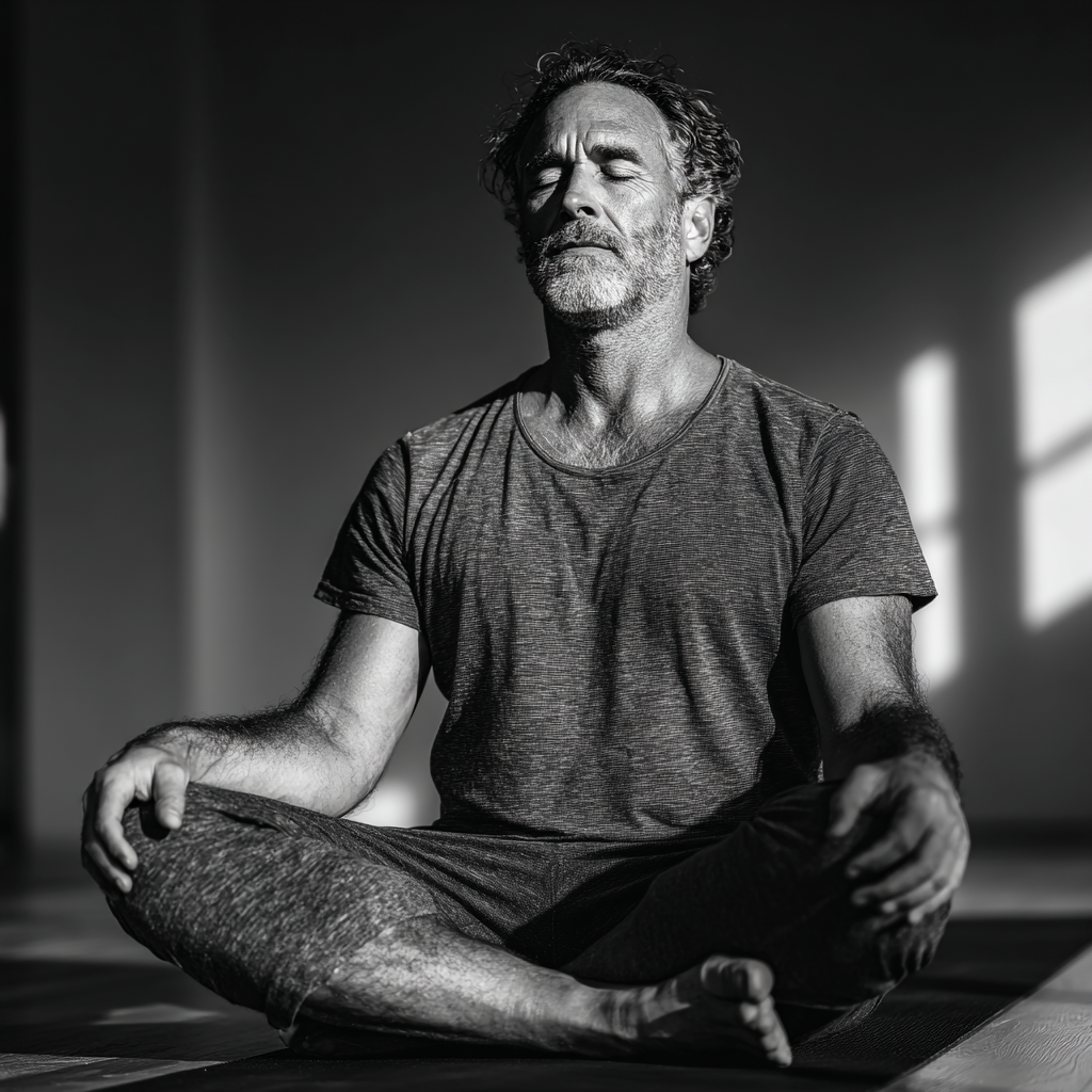 A man in his early 50s sitting in a meditation pose on a yoga mat, eyes closed in concentration, wearing simple gray athletic clothing, soft morning light filtering through nearby windows creating a calm atmosphere